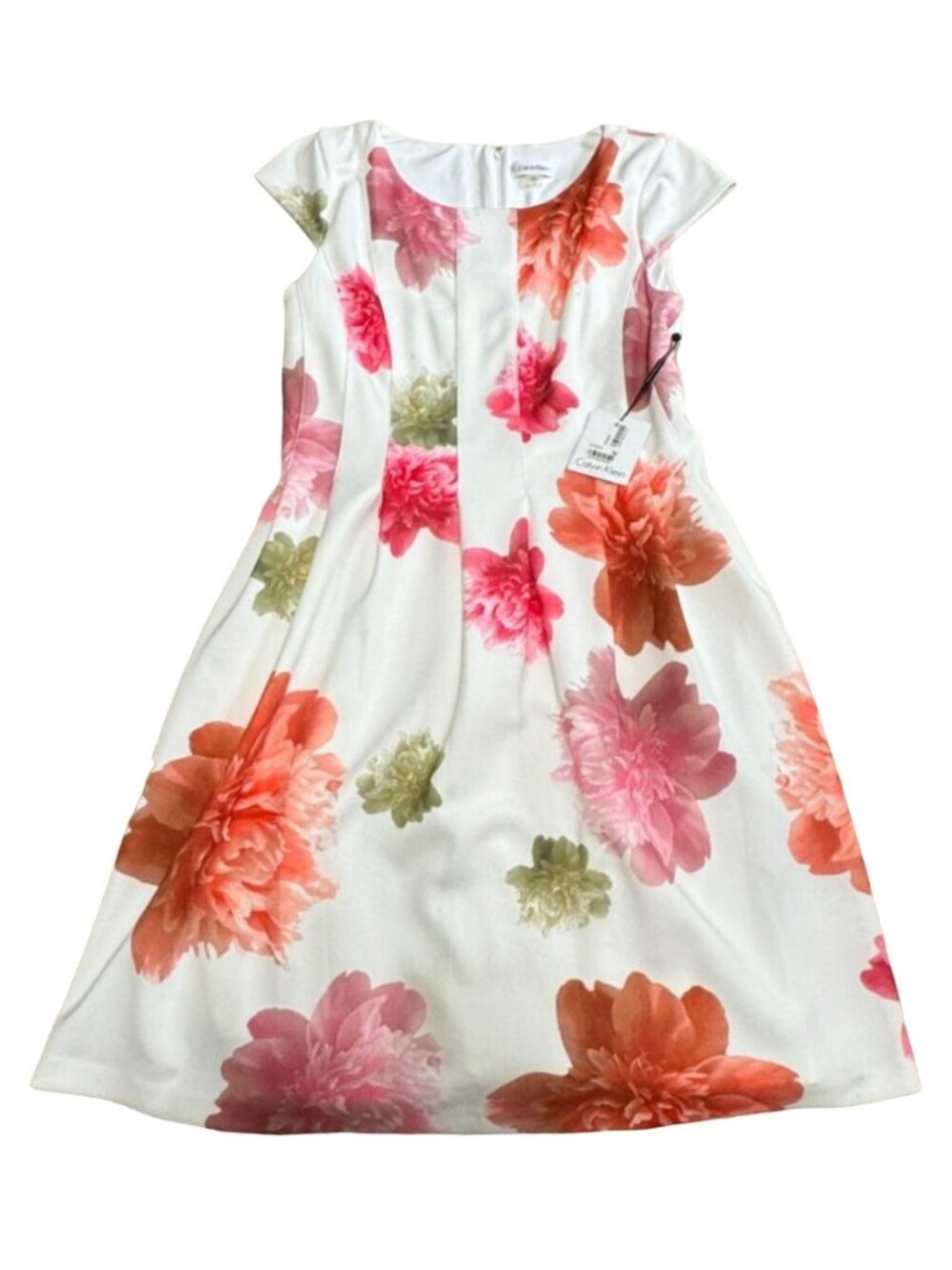 NWT Calvin Klein Scuba Fit & Flare Dress Sz 14 Cap-sleeve Floral-print Womens